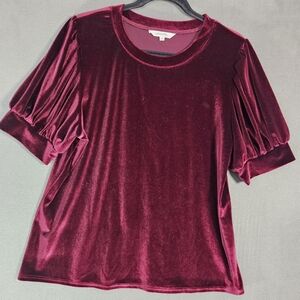 Amaryllis Womens XL Velvet Romantic Shirt Puff Sleeve Jewel Burgundy Blouse Crew